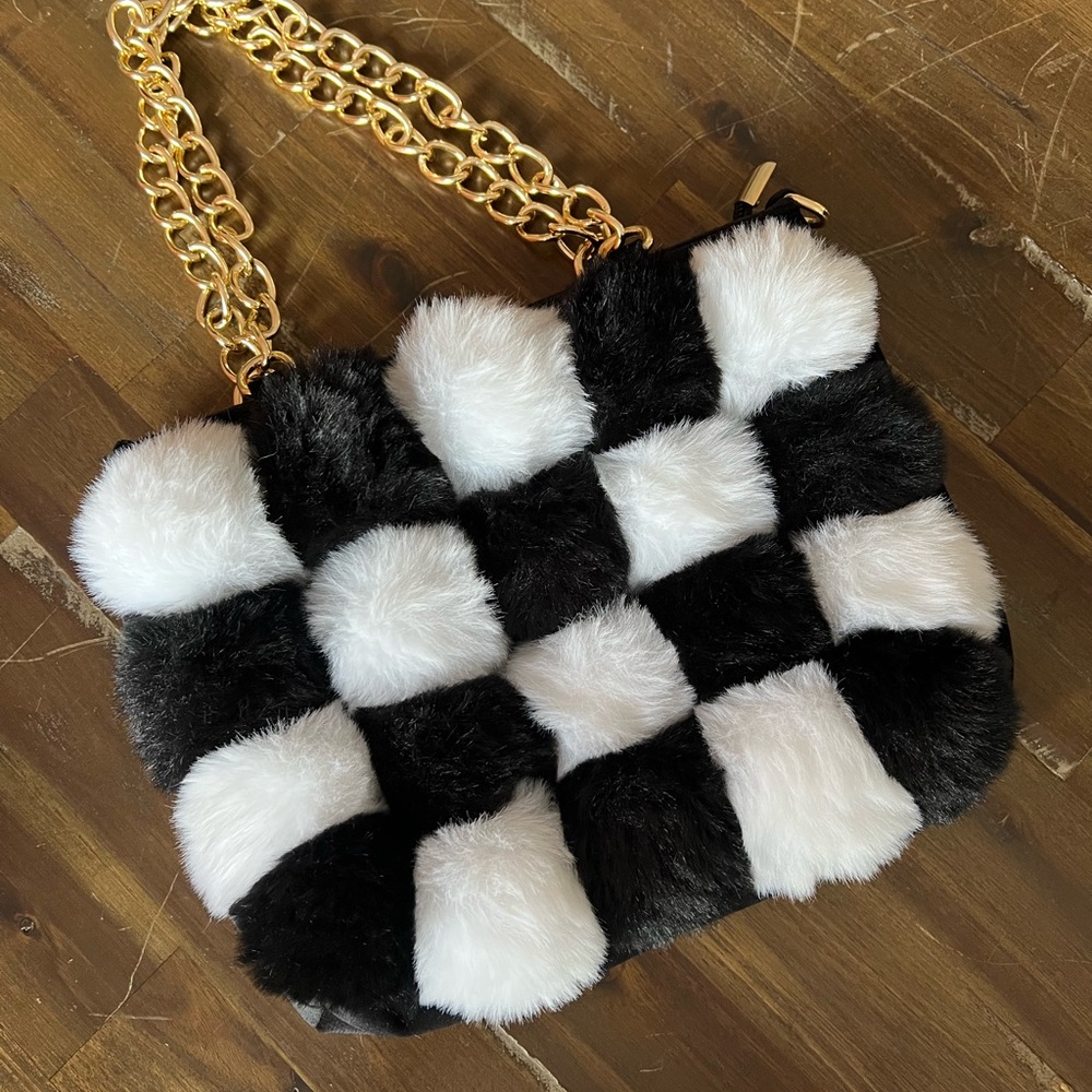 Black and White Fur Checkered Women Bag